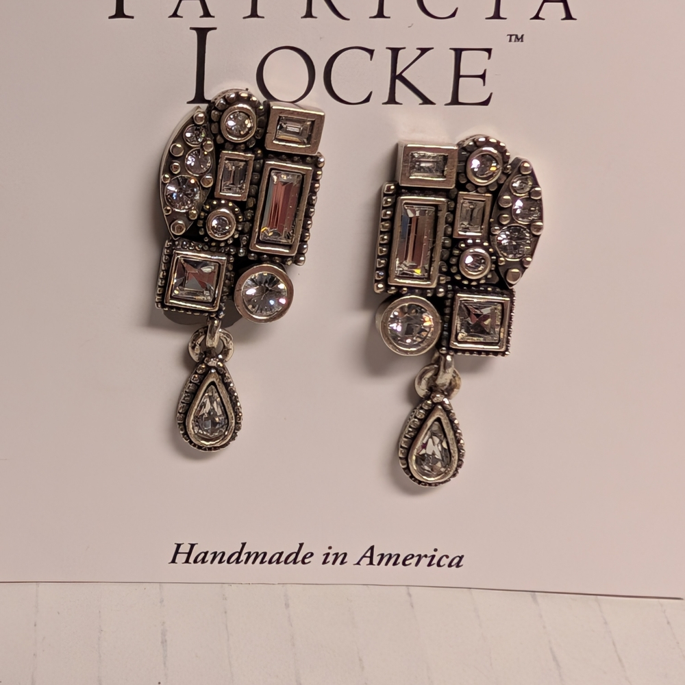 Patricia Locke Crazy Quilt earrings (EC0337, 2006) in All Crystal, silver.